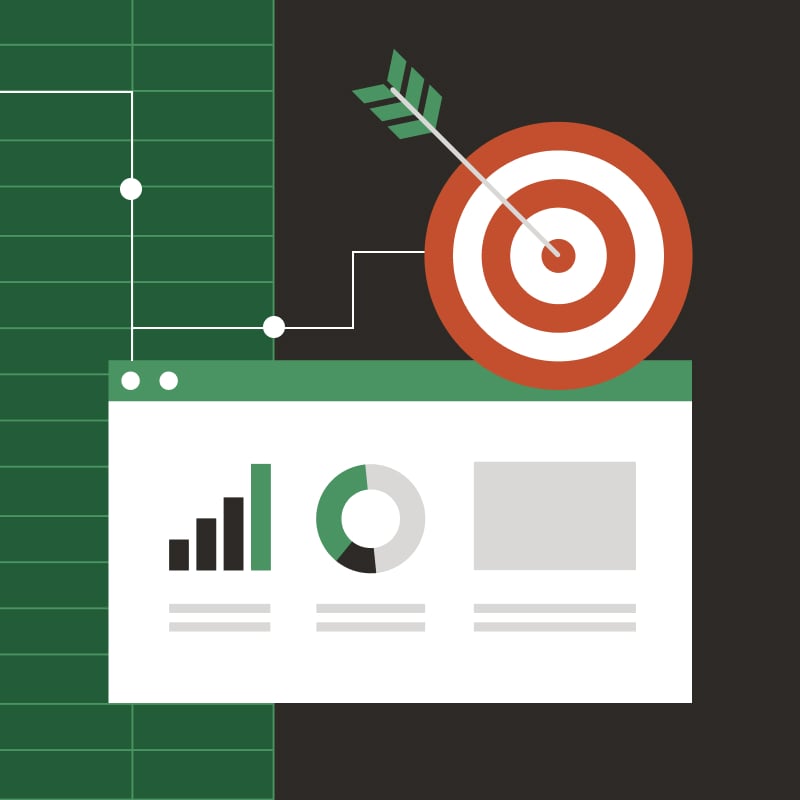A web browser displaying two graphs and an image block next to a white and red bullseye with a green arrow in the center